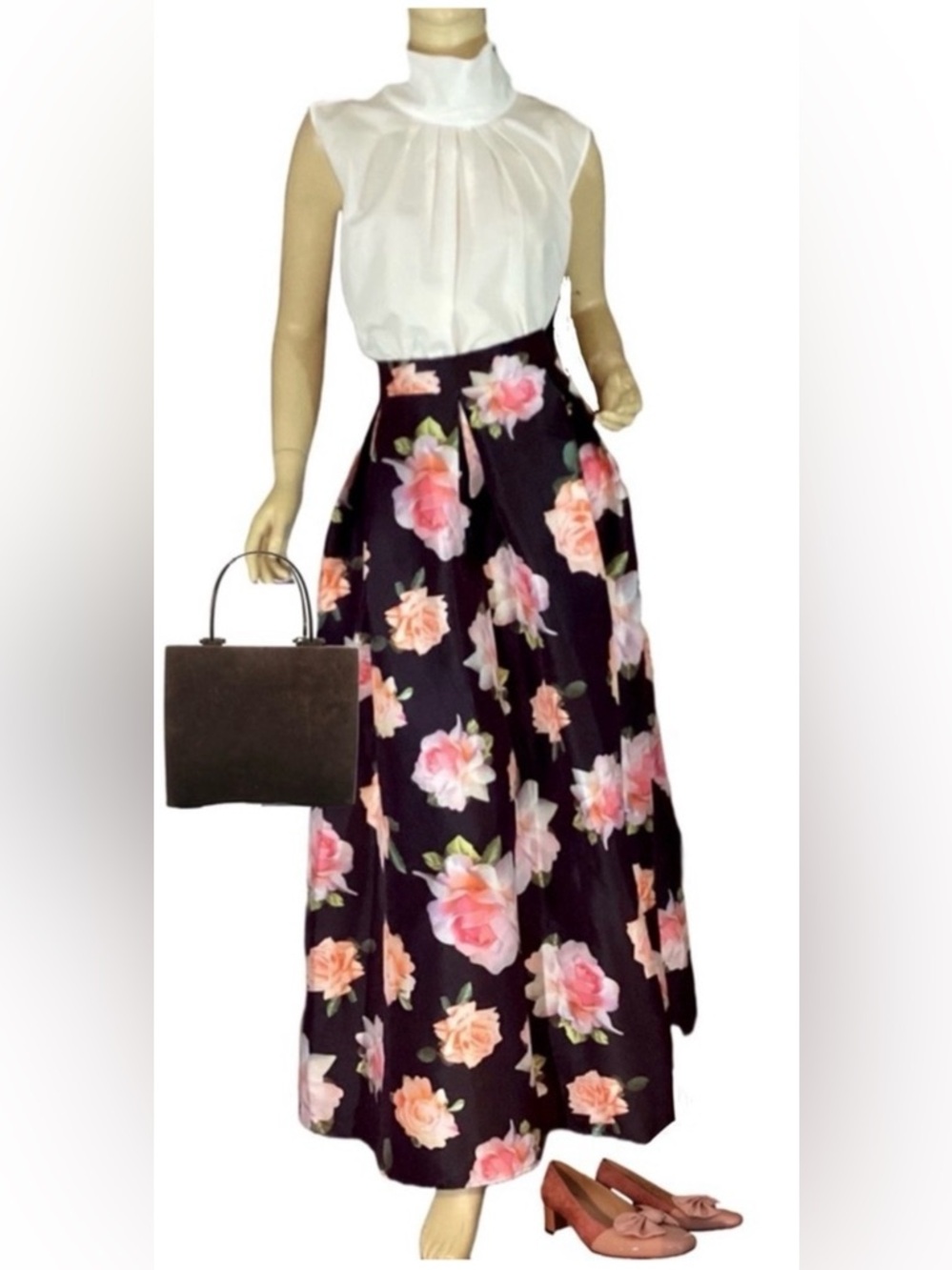 TOUCH ME BROWN & PINK FLORAL PRINT TAFFETA FULL MAXI SKIRT NWT (2X)